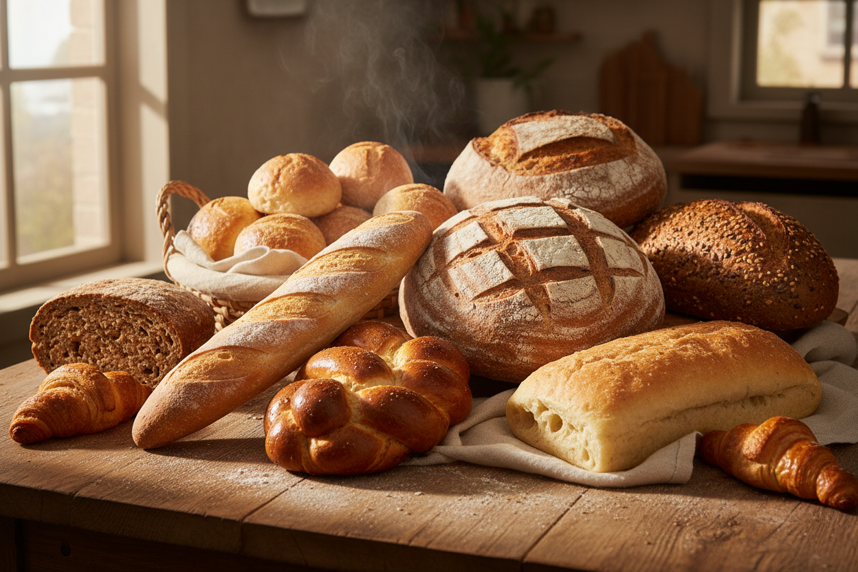 a picture of delicious and fresh breads of different types placed on top of kitchen table 