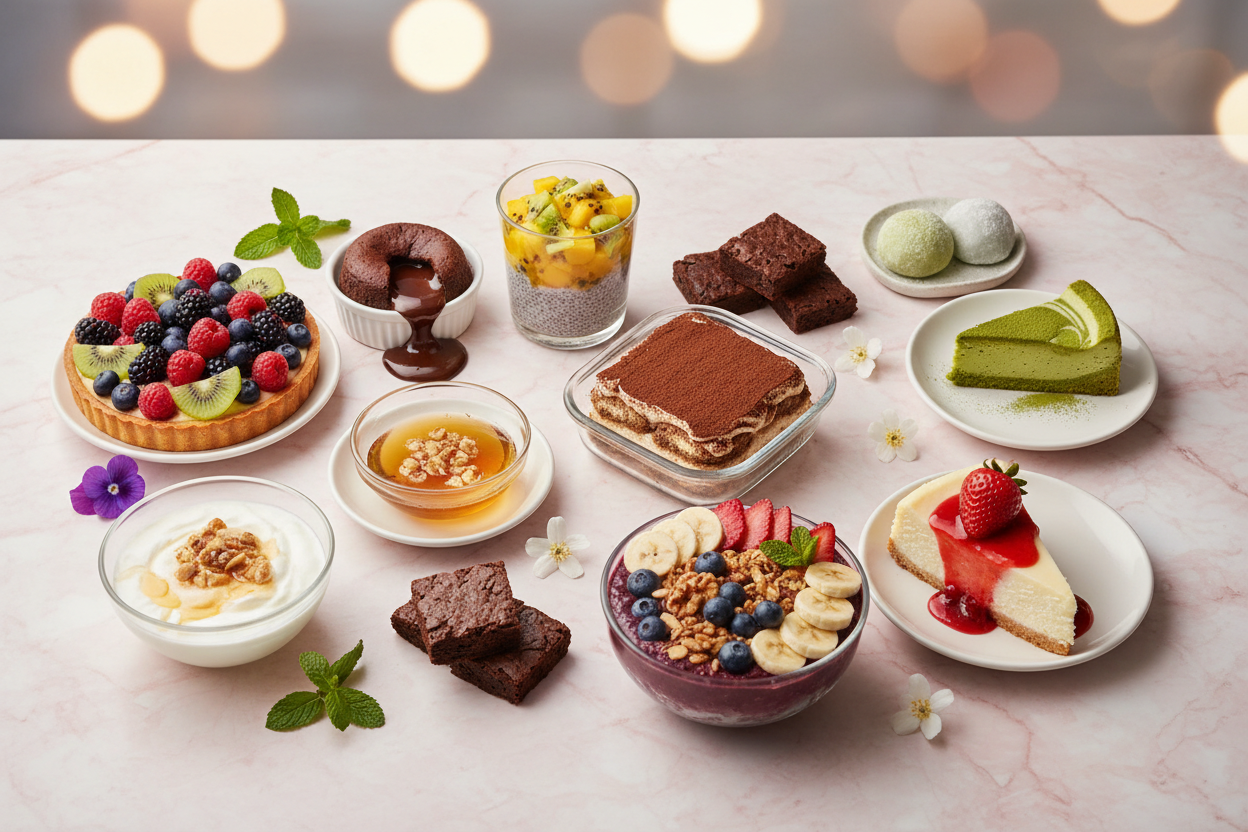 a picture of different delicious and fresh desserts both healthy and unhealthy with an aesthetic background