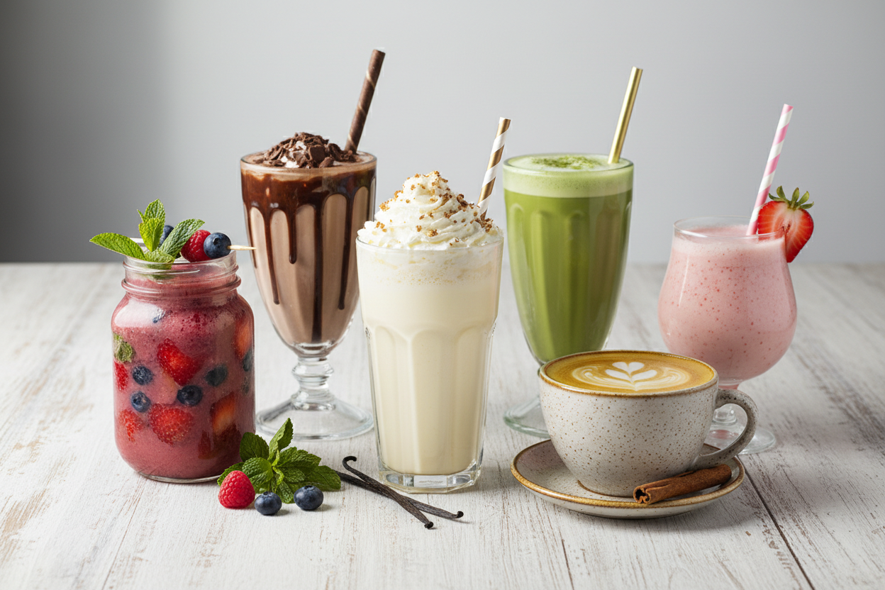 a picture of different soothing and delicious beverages and shakes 
