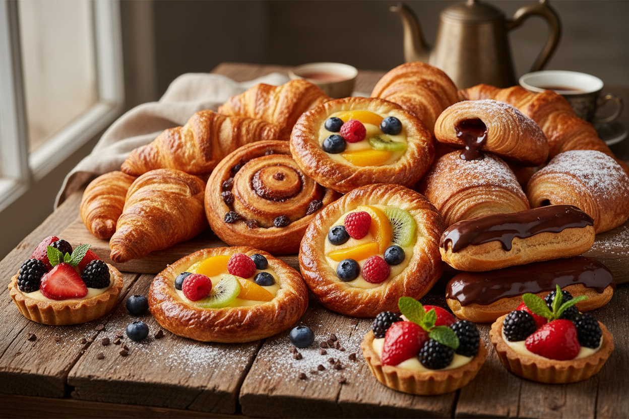 a picture of fresh and delicious pastries of different kinds placed on top of a table